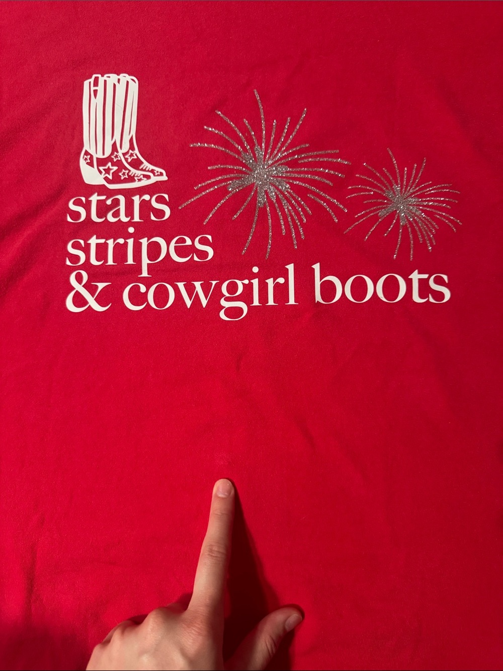 “Stars Stripes & Cowgirl Boots” Off-Shoulder Red Tee - Picture 6 of 8